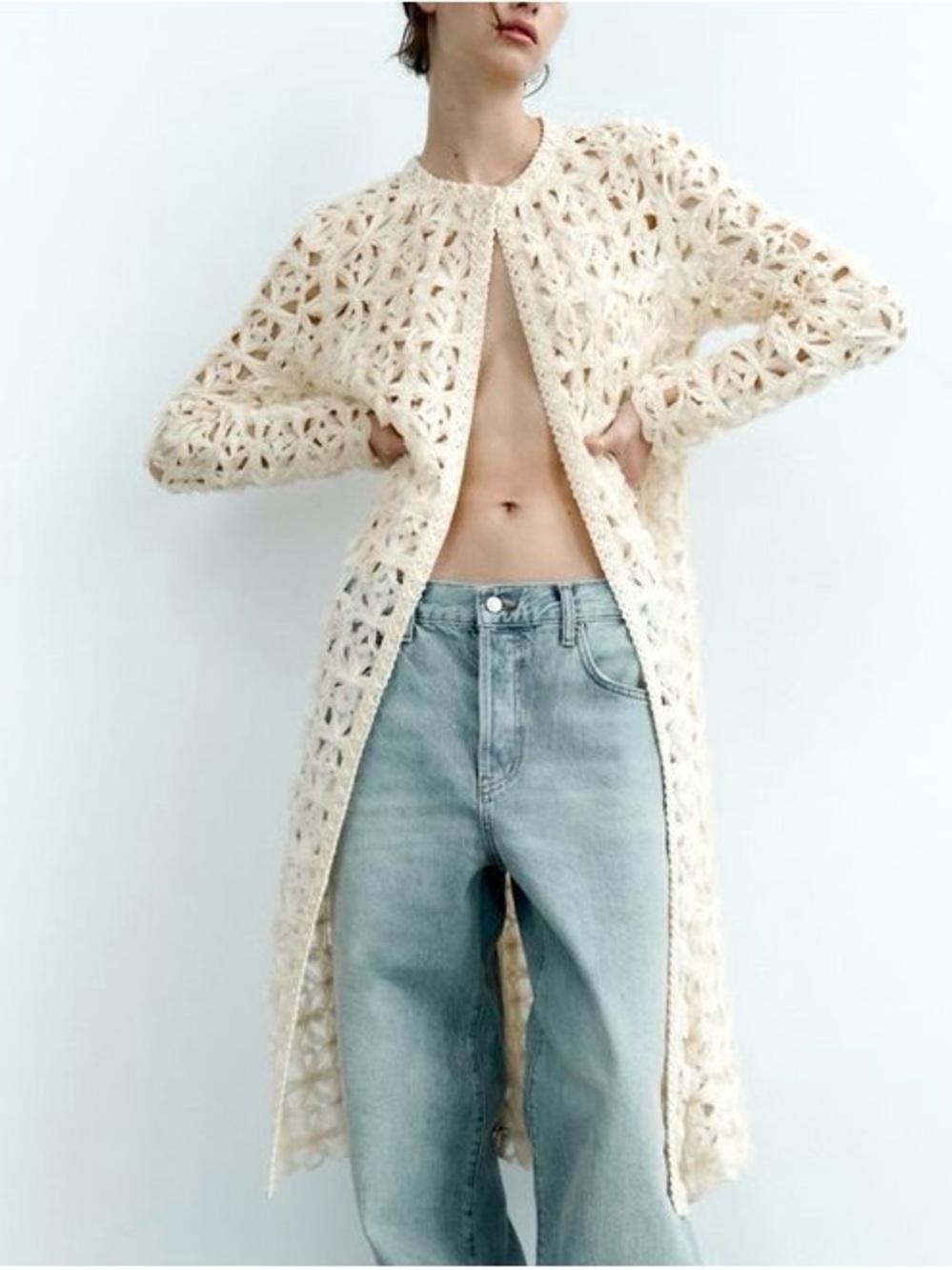 Zara Cream Knit Duster Cardigan Maxi Open Stitch Crochet Longline Sweater M